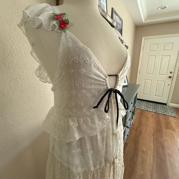NWT Free People Womens Tie Front Embroidered Tiered Selena Maxi Top Ivory Small - Picture 9 of 16